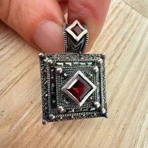 Dee Berkley 925 Sterling Silver Garnet Marcasite Art Deco Pendant